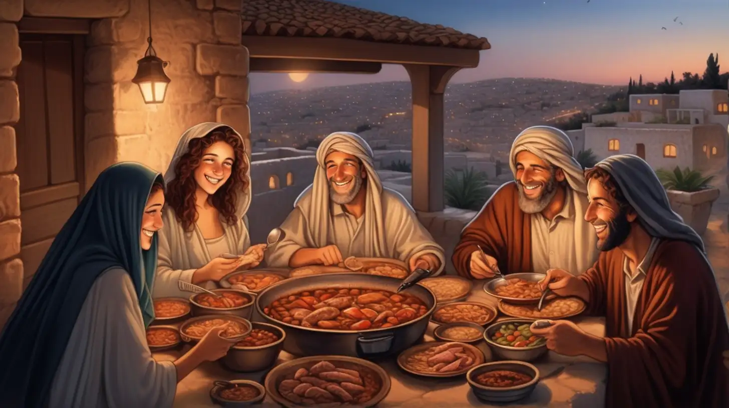 Smiling Hebrew Family Eating Stew on Terrace at Night