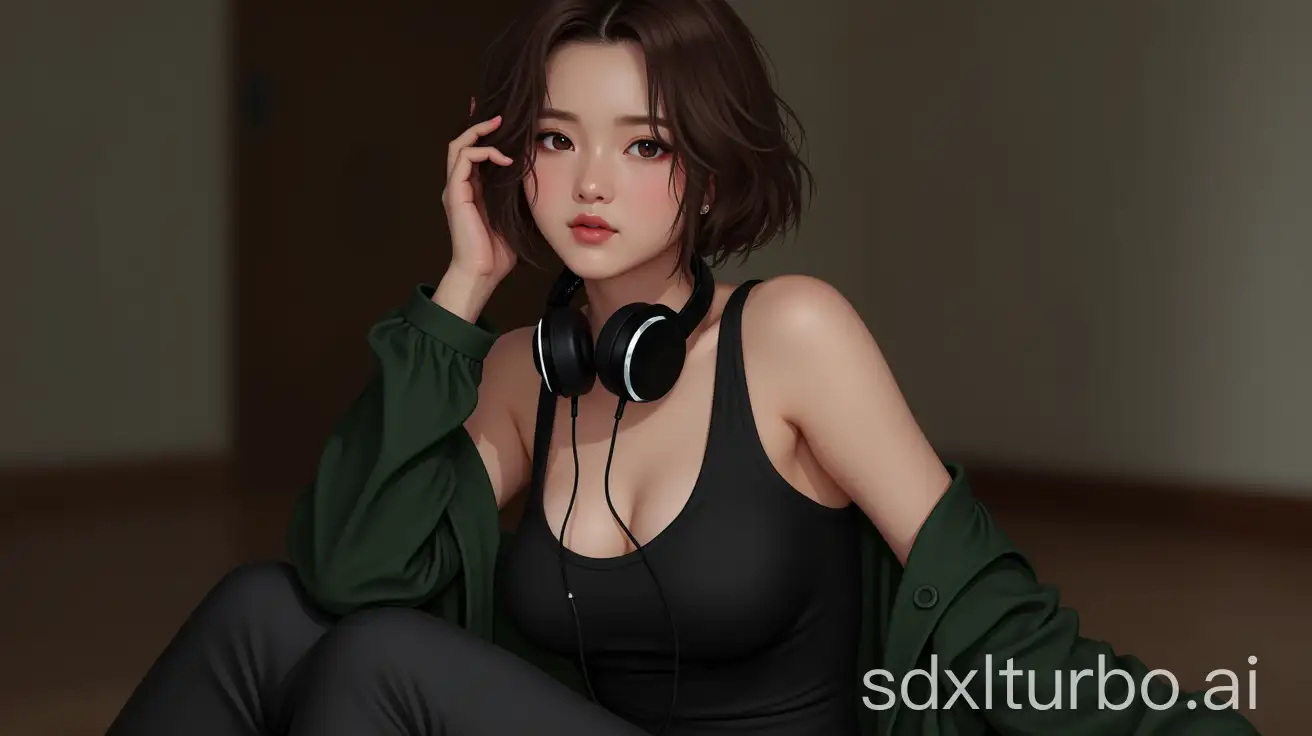 Beautiful-Chinese-Woman-Sitting-Indoors-with-Headphones