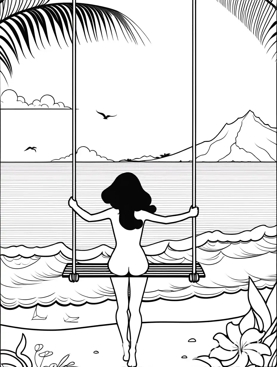 Coloring-Page-Hawaiian-Girl-Swinging-at-Sunrise-Beach