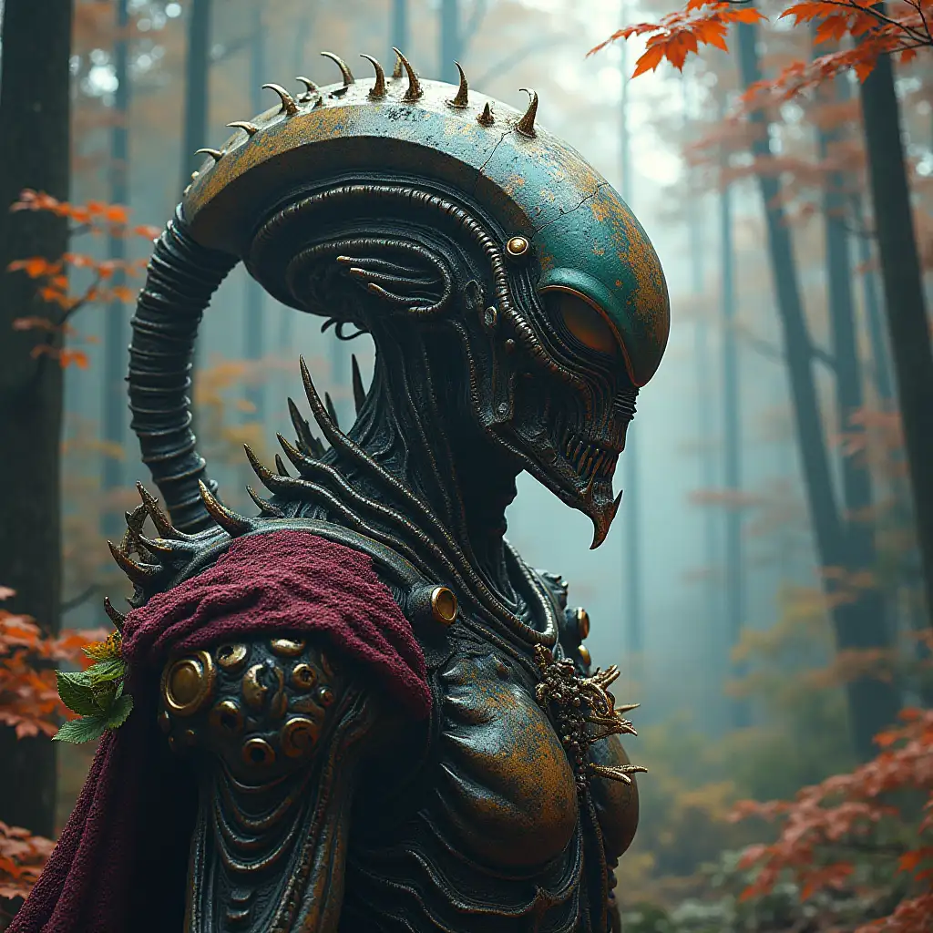 Hyperrealistic portrait of a gpanzerter metal alien king 10 meters tall with the intricately detailed, colorful forested planet background