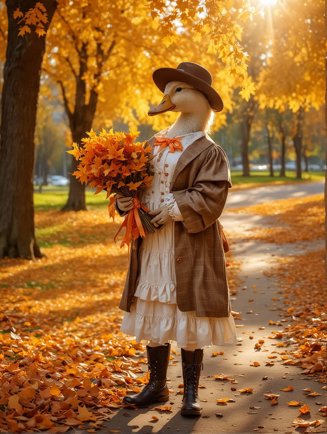 Duck-in-Autumn-Park-with-Maple-Leaf-Bouquet