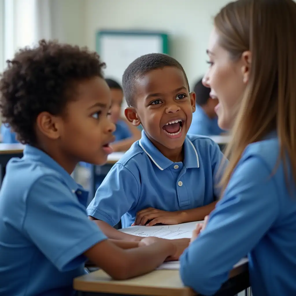 Angry-Black-Boy-Talking-to-Teacher-in-Classroom-with-Blue-and-White-Uniforms