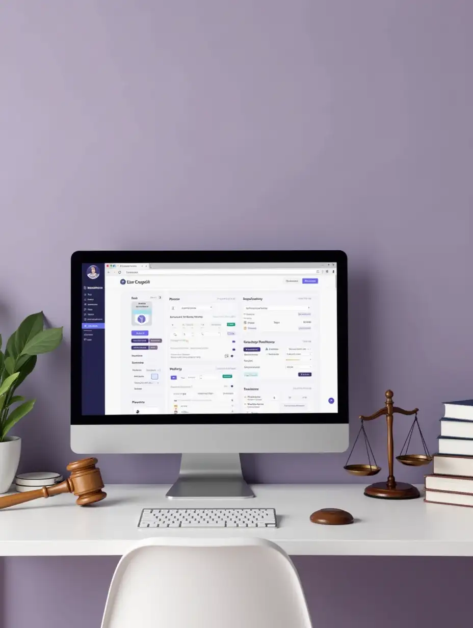A neat digital workspace with a computer screen showing a law firm's website builder interface (Elementor style), surrounded by legal items (gavel, scales, law books) in a soft purple and white theme. Calm and professional.