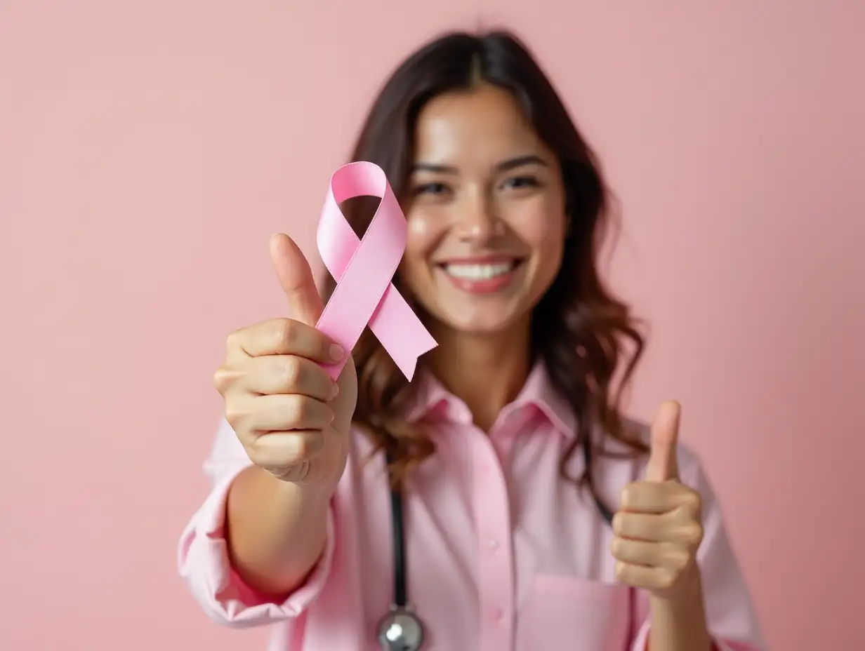 Young hispanic woman holding pink cancer ribbon smiling happy and positive, thumb up doing excellent and approval sign