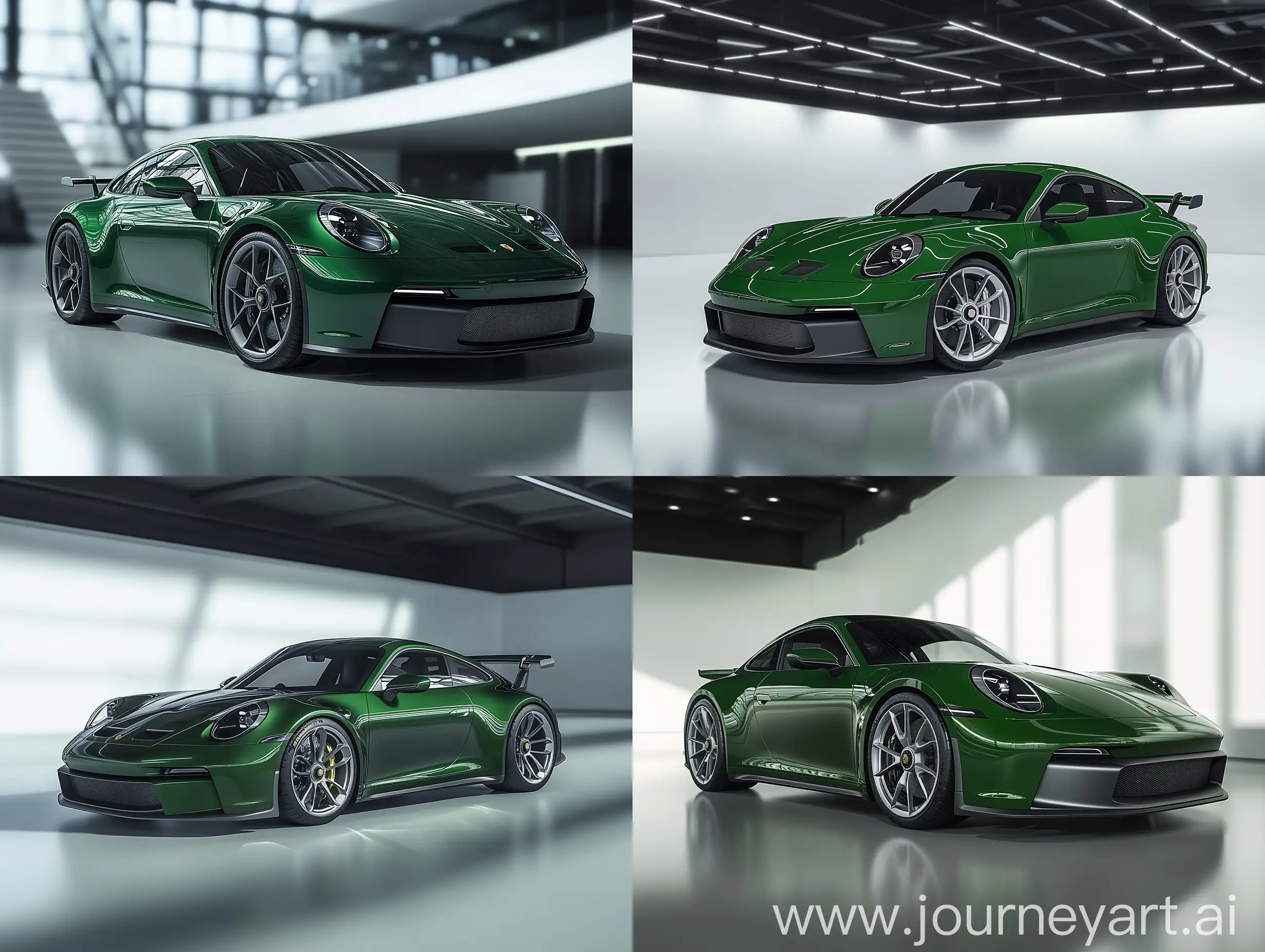 Sleek-2025-Porsche-911-GT3-in-Green-and-Silver-in-a-Modern-Showroom