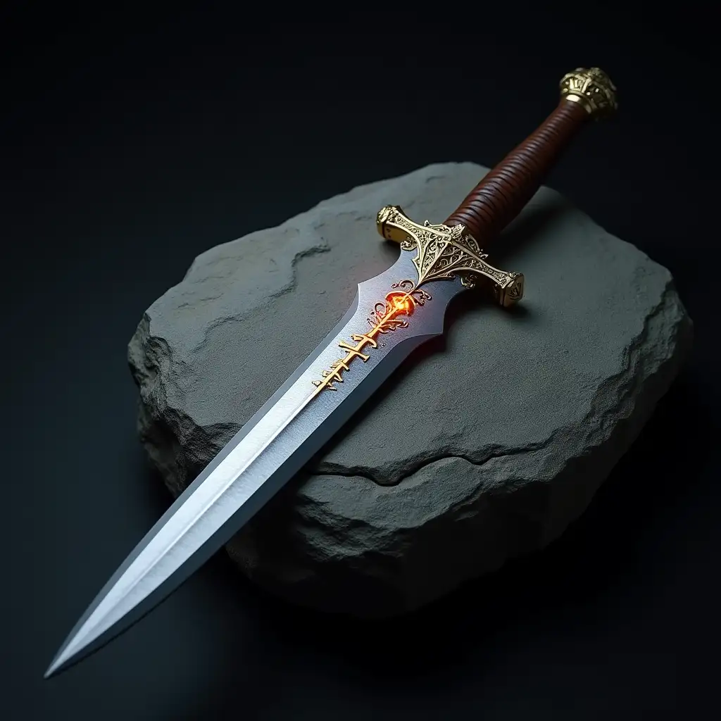 Short sword, lies on a big stone, inscription on the blade, inscription 'Alan', glowing inscription