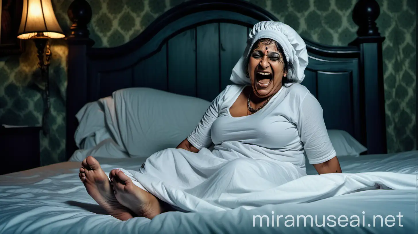 Laughing Mature Indian Woman with Anklets on Haunted Mansion Bed