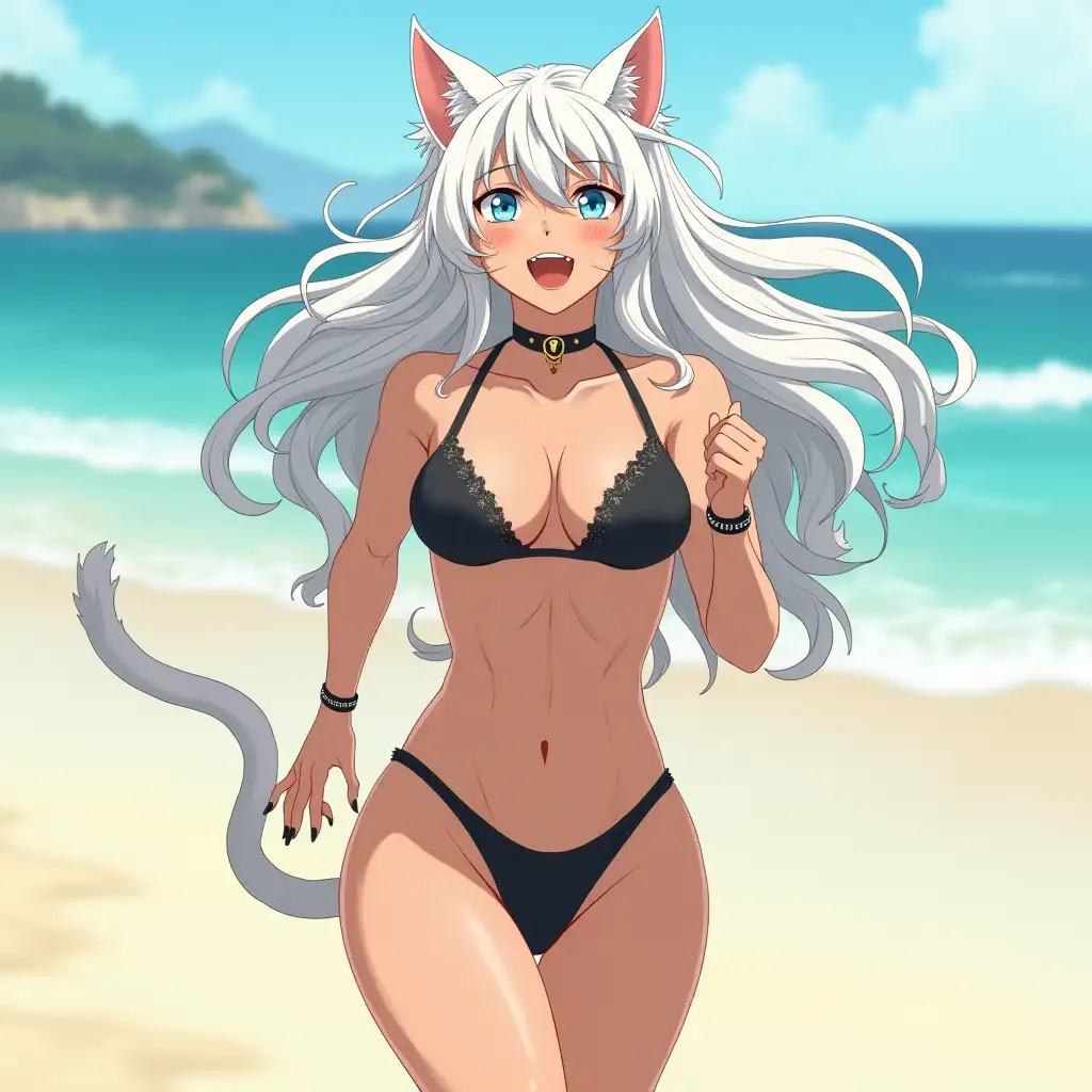 A mature adult feline/woman active running down a beach. Her 30-something years are disguised by her youthful facial features, except for her subtle wrinkles around the eyes, extremely slender body. Her ample bosom strains against her bikini, extreme cleavage.  Wearing black shoes. She has piercing blue cat eyes. A choker adorns her neck, a subtle hint at her feline nature. Her long, white hair cascades down her back like a wild waterfall, tangled and disheveled. Her cat-like teeth glint in the light, as her white fur-lined ears punctuate her visage with sparkling black and gold earring adorns each ear, adding a touch of elegance to her feline features. Cat whiskers on her face. The attached tail at the base of her spine stirs lazily.  Long fingernails. Full view. Anime.