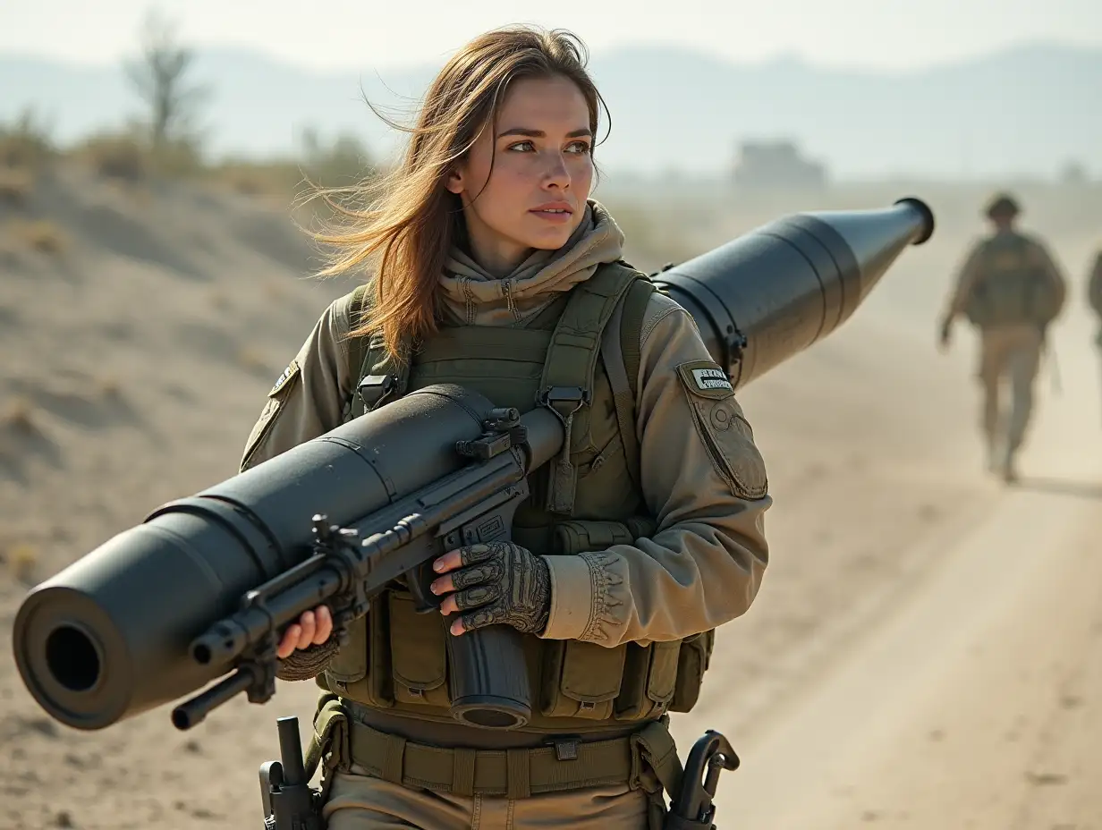 Female combatant, bust-up, carrying an anti-tank guided munition.