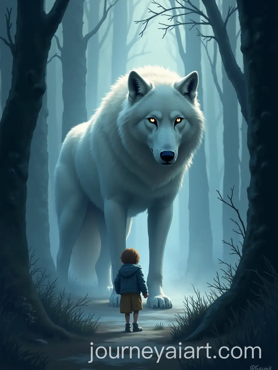 MysteriousAI-Art-Prompt-Expansion-Giant-White-Wolf-Approaches-Child-in-Misty-Forest