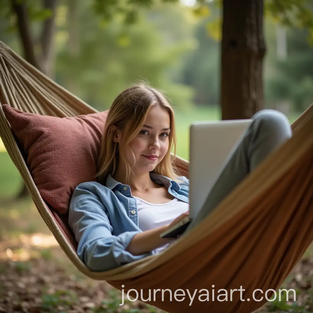Young-Woman-Relaxing-in-Hammock-with-Laptop-in-Stylish-Portrait