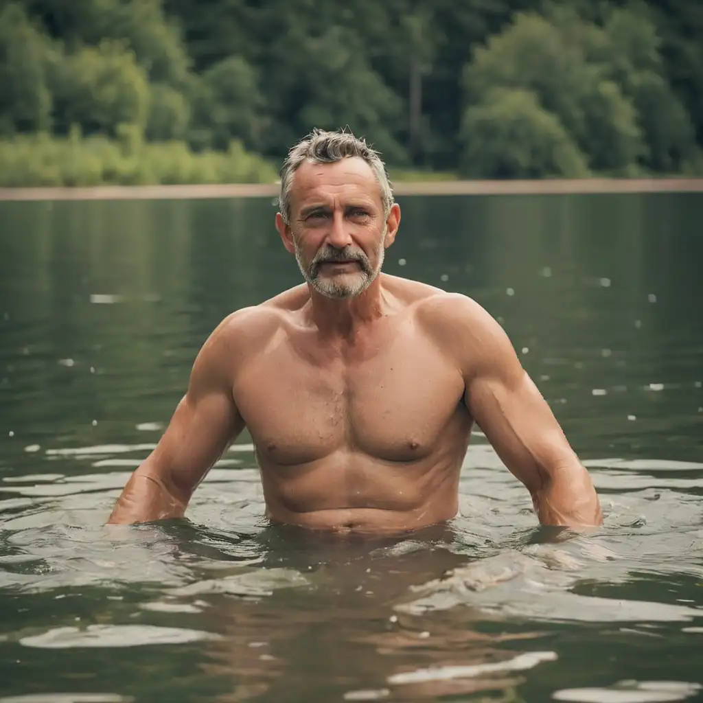 MiddleAged-Father-Enjoying-Leisure-Swim-in-Tranquil-Lake