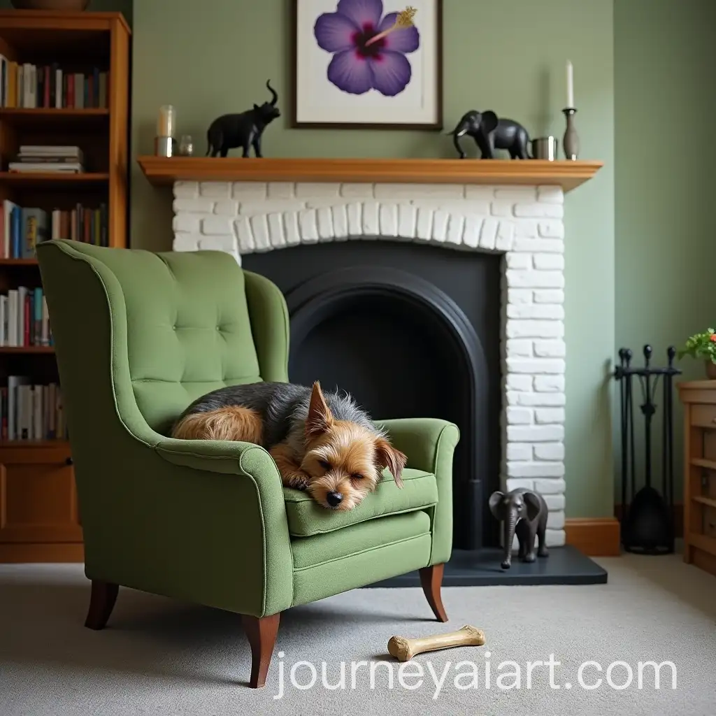 AI-Image-Prompt-ExpansionOld-Sydney-Silky-Terrier-Sleeping-on-Green-Armchair-by-Fireplace-with-Elephant-Statues