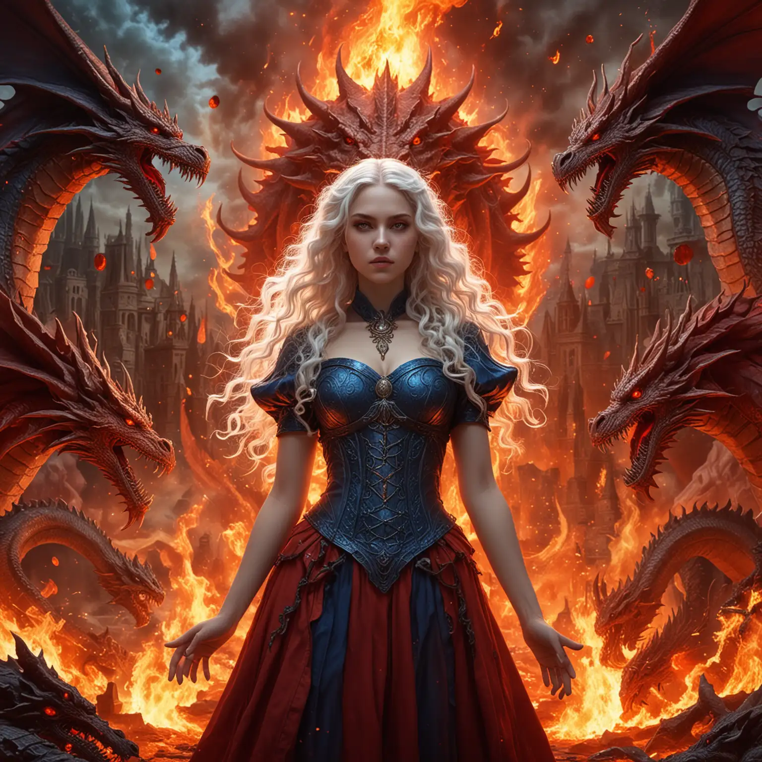 Beautiful adolescent empress goddesses, alien sorceress witches vampires with long curly honey colored blue blonde white and red hair surrounded by circles of fire and fire surrounded by giant red dragons made of fire and background a massive battle