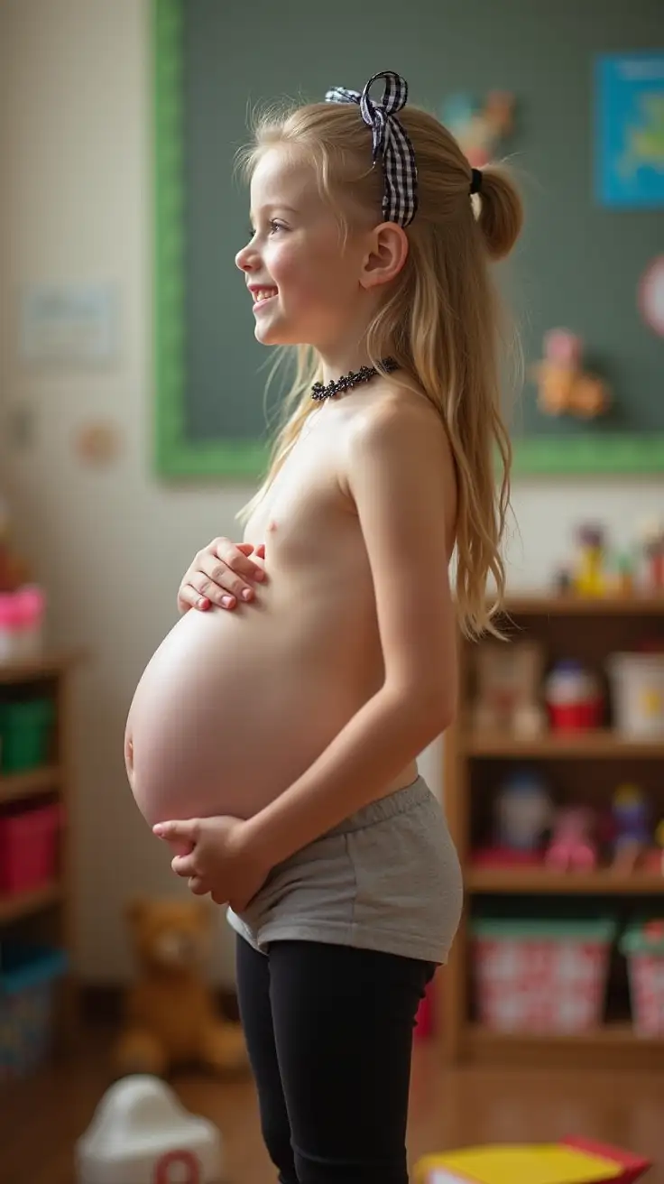 Pregnant-Young-Blonde-Girl-Surrounded-by-Toys-in-Classroom