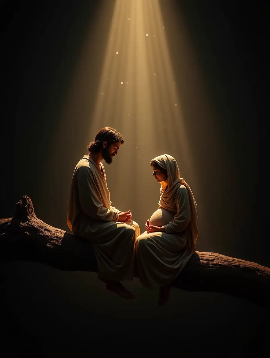 Create an image of Joseph and pregnant Mary sitting on a wood branch. Going to dark back ground with the rays of an angel