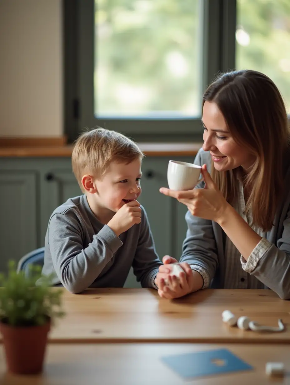 a boy is sitting with his occupational therapist during a therapy session. The therapist is having a cup of coffee