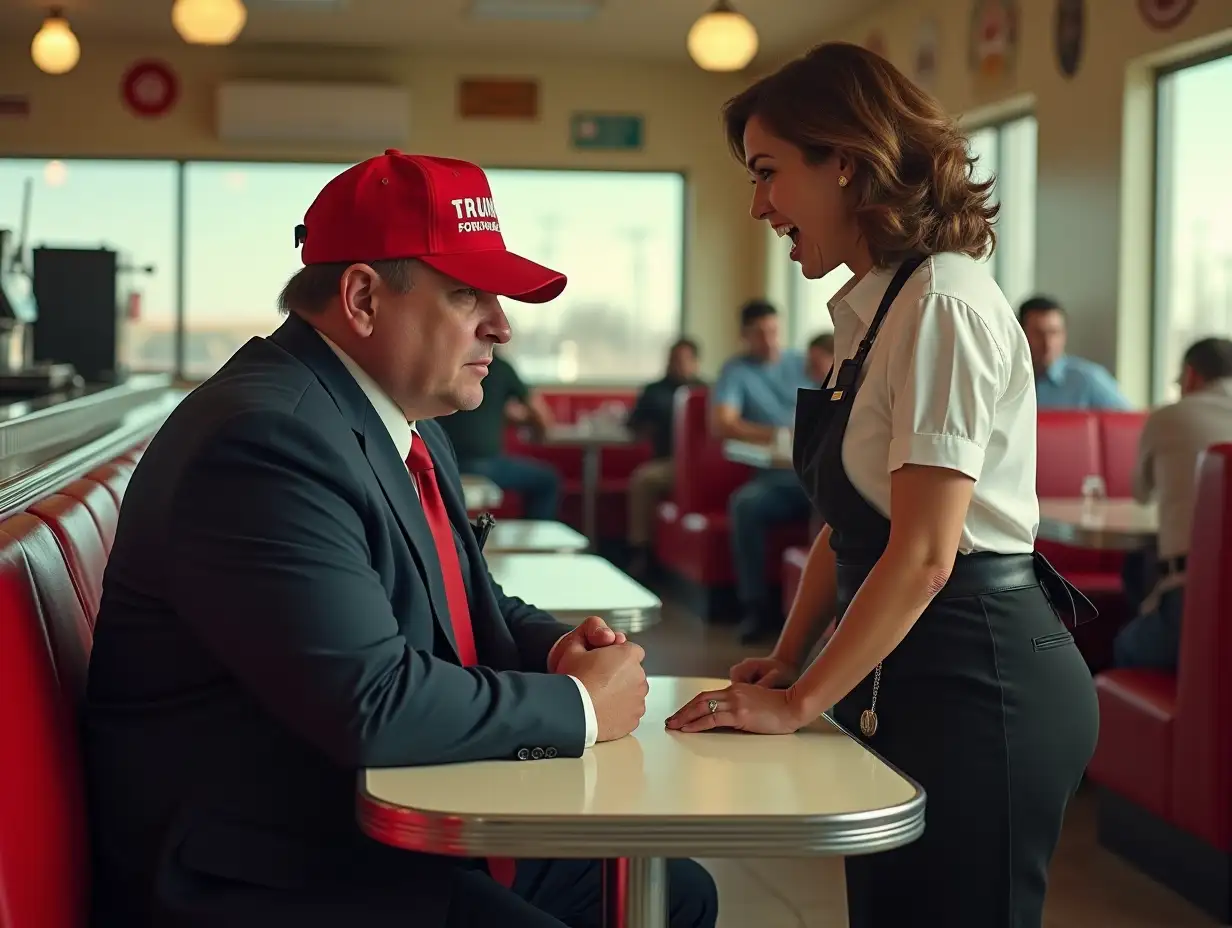 A realistic, daylight scene inside a classic American diner with wide-angle perspective capturing the entire setting. In the foreground, a man - clean-cut, heavy built, Caucasian, with short dark hair and wearing a neatly pressed suit - sits in a vinyl booth. He is wearing a red 'MAGA' hat prominently visible on his head. His expression is calm but slightly tense as he faces the camera, looking directly at it. To his right, standing close beside him in the booth area, is an angry waitress. She appears to be in her 40s or 50s, wearing a traditional diner uniform (white blouse, black apron), and has a stern look on her face. Her gaze is fixed intently on him, and she looks like she’s mid-sentence, possibly yelling or scolding him. The background shows the interior of the diner: Formica tables, retro bar stools, a counter with coffee machines, and other patrons sitting at booths or eating meals. Sunlight streams through large windows, illuminating the scene naturally. The atmosphere feels charged with tension, emphasizing the confrontation between the two figures. The composition uses a wide-angle lens to capture all details of the environment, ensuring both characters are central to the frame.