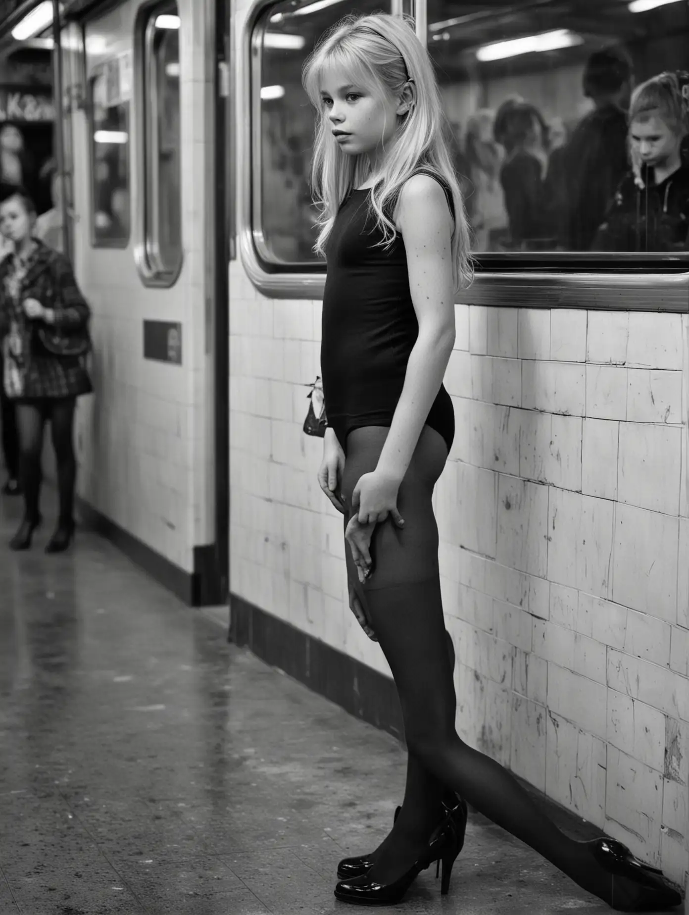 side view
Gestalta: 8yo young kid Brigitte Bardot åker tunnelbana. 
black pantyhose,high heels.in subway, b&w photo

 

visible skin detail
detailed skin texture
skin pores

blush  ,   
round iris
light reflections  

 
highly detailed skin 
intricate skin details

mascara
skin fuzz 
whiteheads 

blackheads
beauty spot
freckles