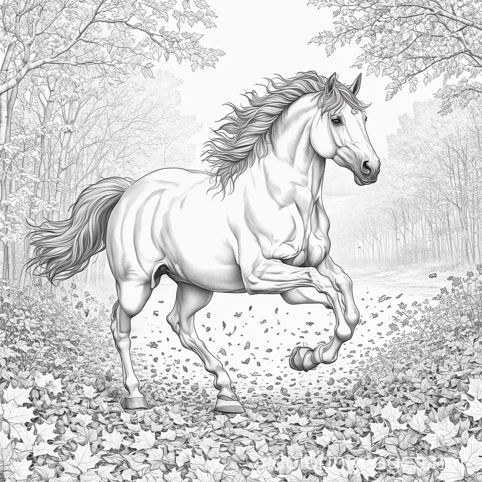 Horse-Running-Through-Autumn-Leaves-Coloring-Page