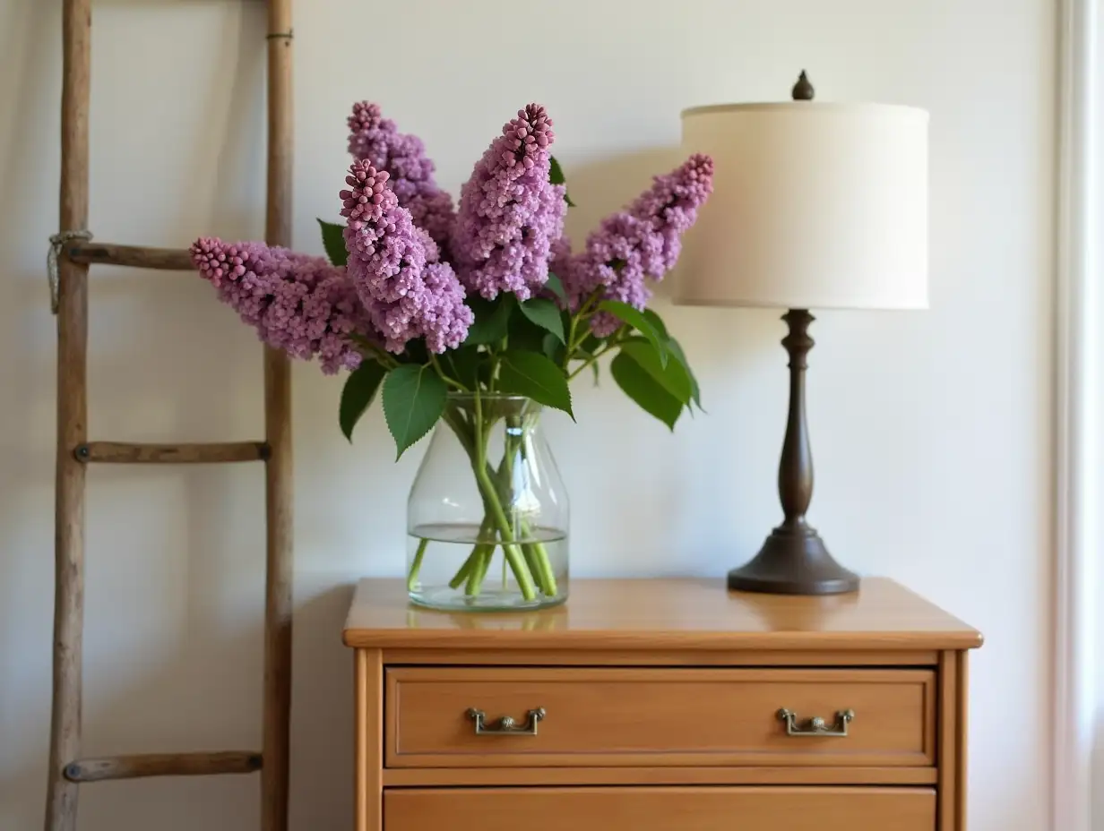 Vase with lilacs on wooden chest of drawers, ladder and lamp in stylish room