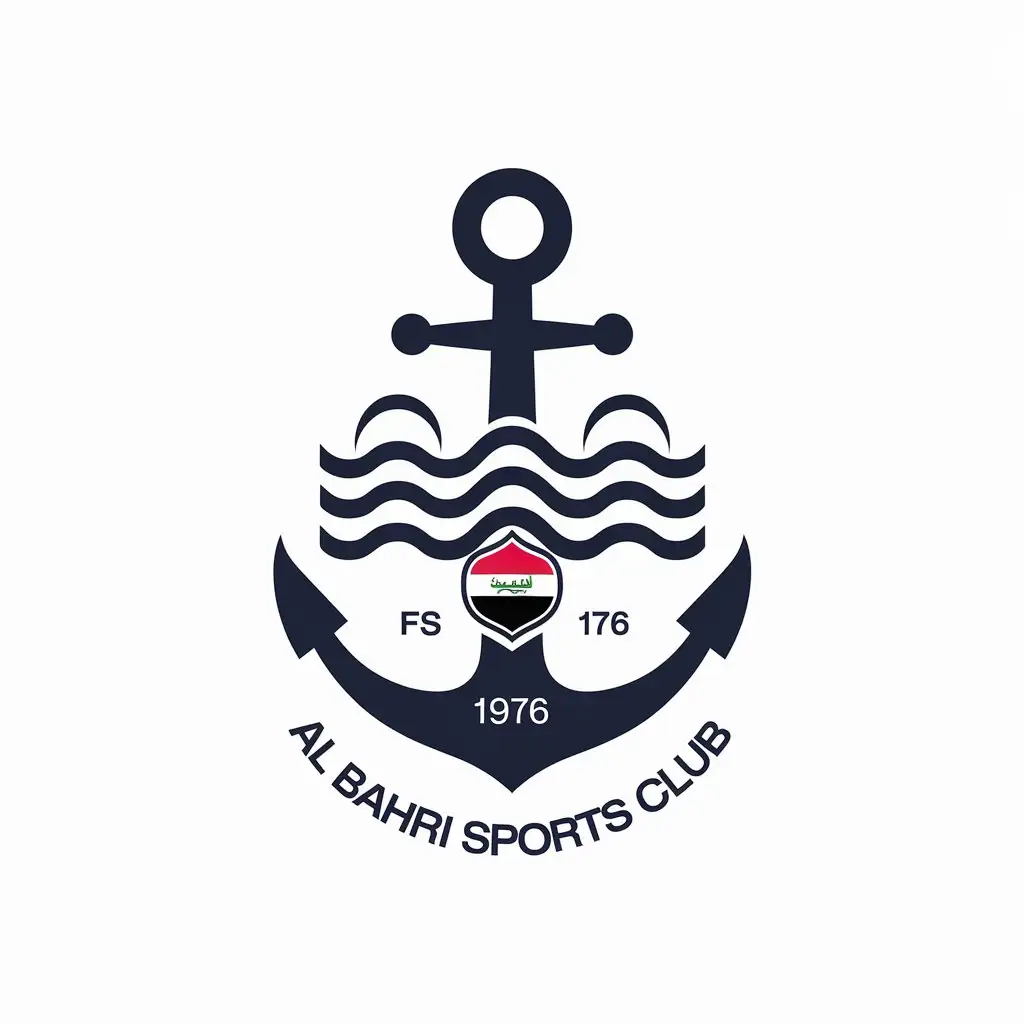 a vector logo design,with the text "Al Bahri Sports Club", main symbol:Anchor under or behind waves, logo of a football club، And write the year of foundation only number 1976, and the flag of Iraq inside the logo inside the anchor,Minimalistic,be used in Sports Fitness industry,clear background