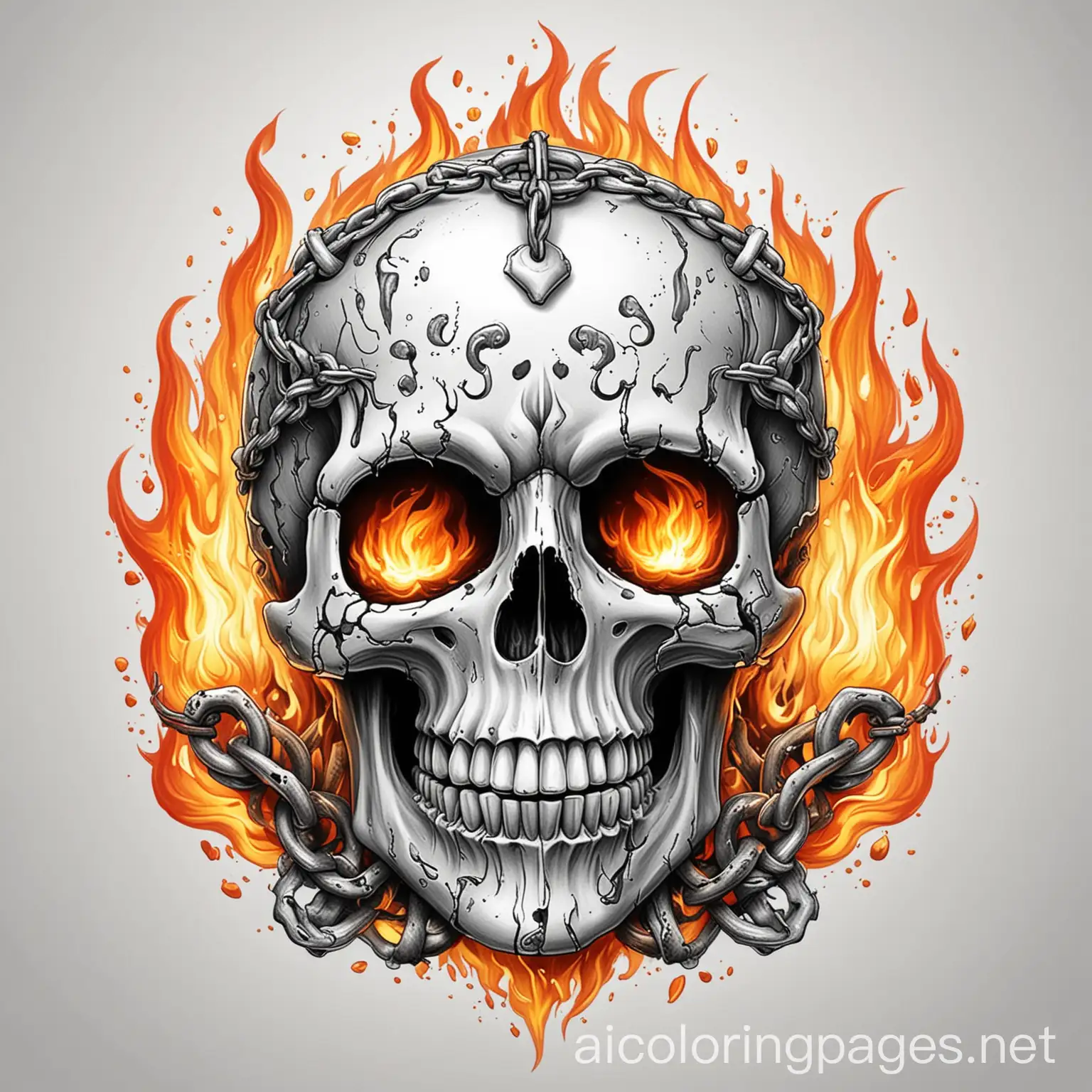 Skull-Chain-Fire-Coloring-Page-Simple-Line-Art-on-White-Background