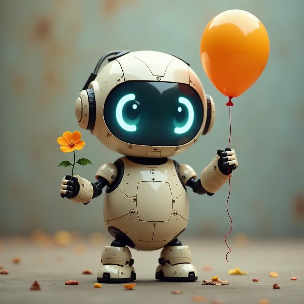 A round, chubby robot with bright LED eyes and stubby arms, holding a balloon in one hand and a tiny flower in the other