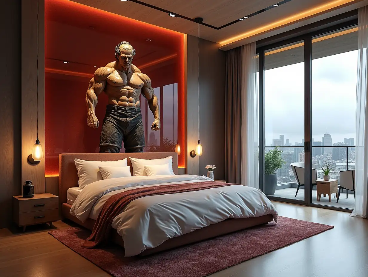 very large modern bedroom with statue of attack on titan 180 degree panoramic shots 8K resolution colorful