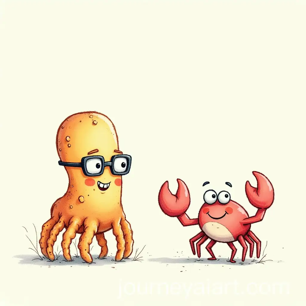 Cheerful-Polyp-and-Carefree-Crab-in-PencilColored-Illustration