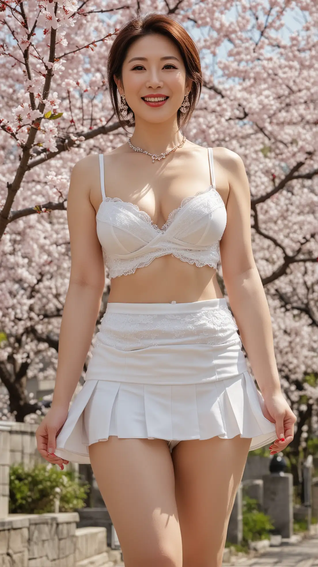 Full figure,1elegant Japanese mature woman, red lips, smile, tight white miniskirt and bra, jewelry, outdoor, cherry blossoms, the most beautiful image ever seen, realistic, uhd, RAW, sharp focus, photo realistic, best quality, Japan, ultra high res, masterpiece,  <lora:Japanbody15:0.8>
