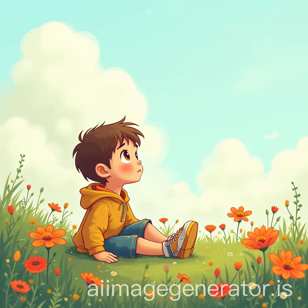 Theo in the garden: An illustration of Theo, a curious little boy, sitting in a flowery garden, looking at the clouds.