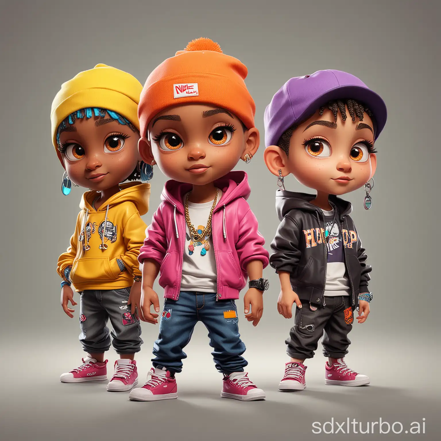 Characters of Kids hip hop bright colors, with eyes very open and performing an action, , animation style, clean background