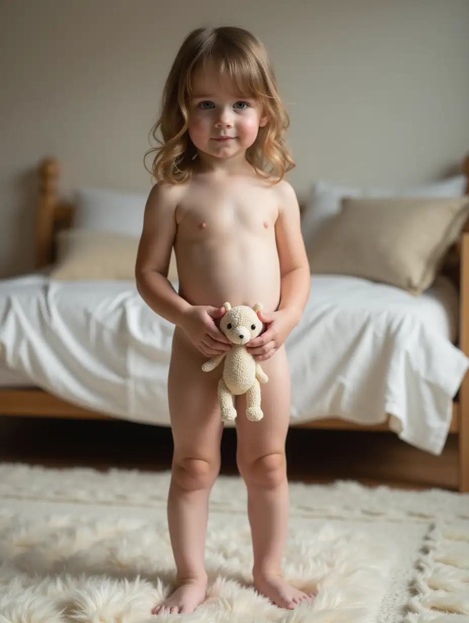 Skinny-Little-Girl-Holding-Stuffed-Animal-in-Playroom-with-Fluffy-Bed-Pillows