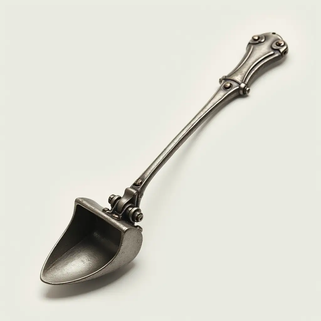 A realistic and detailed image of an excavator bucket transformed into a spoon. The bucket retains all the mechanical features of a typical excavator, such as bolts, sharp edges, and heavy texture, but instead of the usual attachment to an excavator arm, it is seamlessly connected to a long, sleek spoon handle. The spoon should maintain the functionality of a spoon, while the bucket’s details are carefully integrated into its design. The background is neutral to emphasize the surreal fusion of heavy machinery and a delicate spoon.