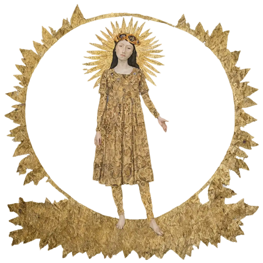 HD Jugendstijl paint of caucasian woman in gold embaúba dress and saint's halo in extremely detailed intricate and realistic pale watercolor in a desaturated mix of Klimt and Schiele painting style with many golden details in gold, showing a pictorial symbiosis between the human and nature as in “The Garden of Earthly Delights”, by Hieronymus Bosch