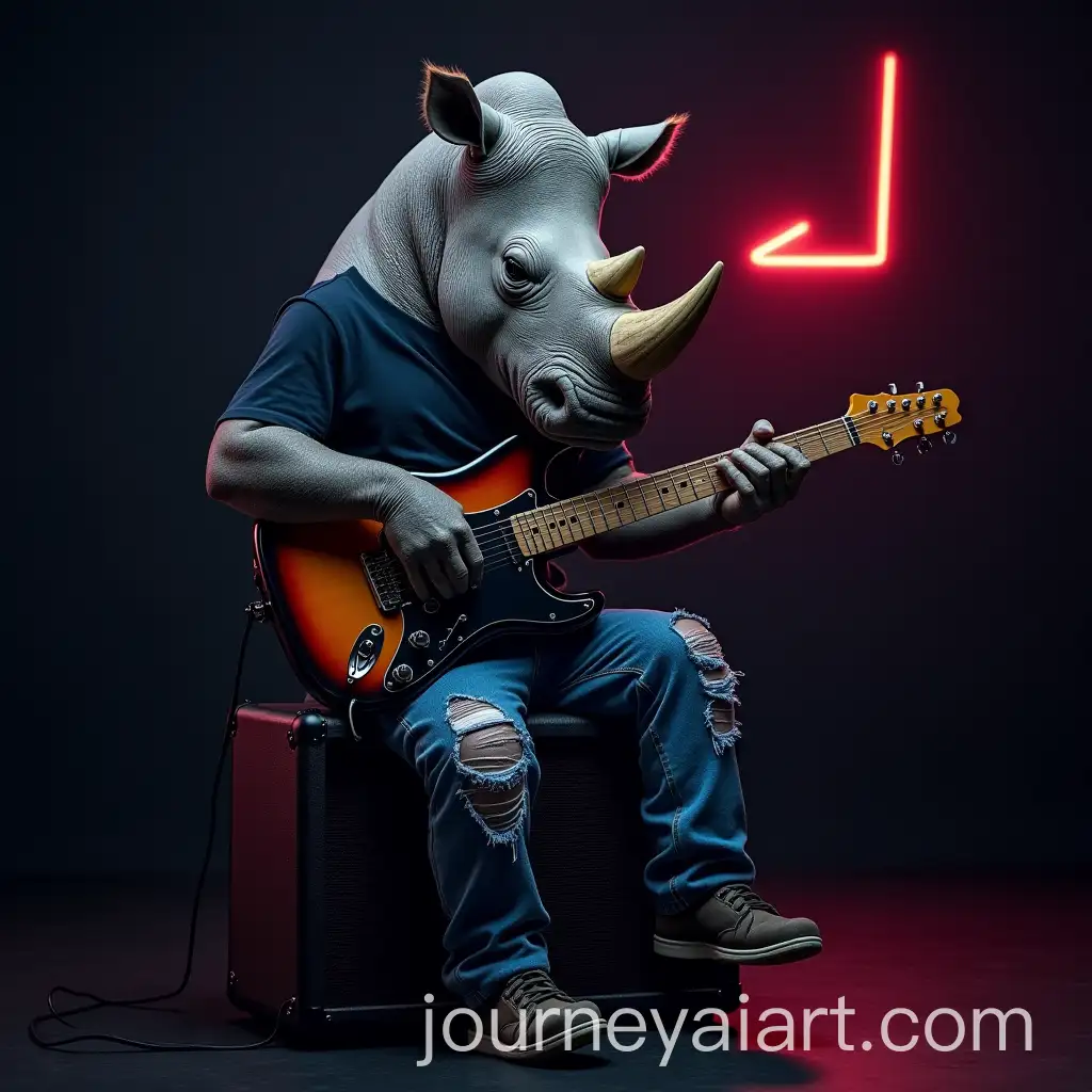 Rhino-Sitting-on-Guitar-Amplifier-in-Neonlit-Setting