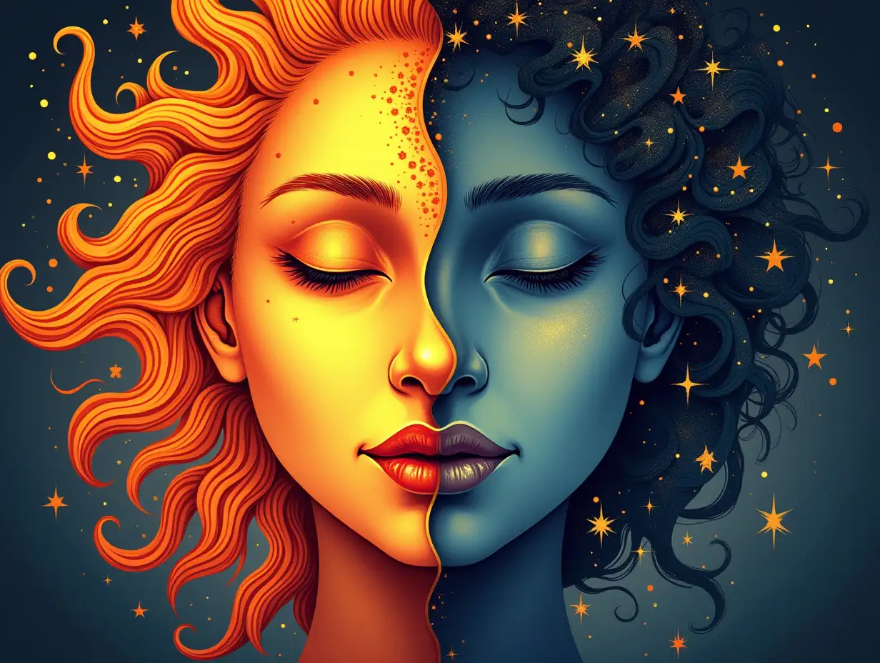 Create an illustration where the sun and moon are depicted as intertwined faces, representing a fiery man and a soothing woman. The man's half displays powerful rays and flames, while the woman's side features night skies with shimmering stars. Their faces should merge seamlessly at the center, embodying the integration of day and night, and highlighting their essential roles in life. The background can shift from a bright sunrise on the sun's side to a starry night on the moon's side, emphasizing the beauty of their coexistence. The Figures are in the style of bold lineart, and only flat vector with muted and vintage colors.