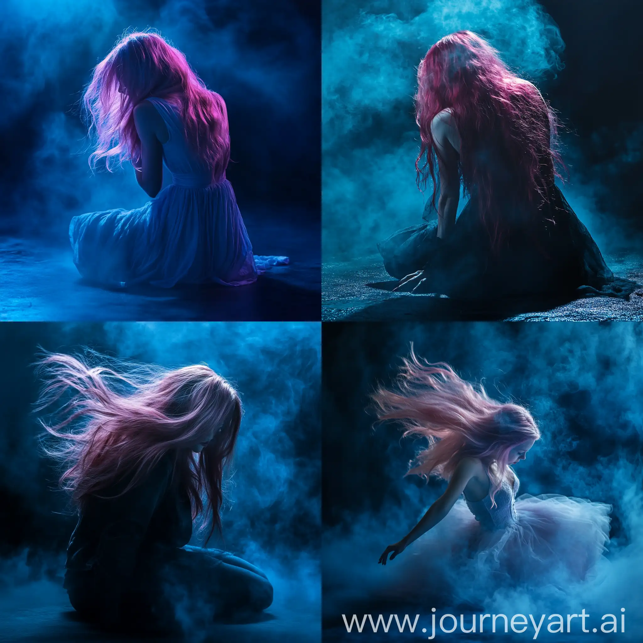 Beautiful-European-Girl-with-Long-Pink-Hair-Shaking-Hair-in-Blue-Fog