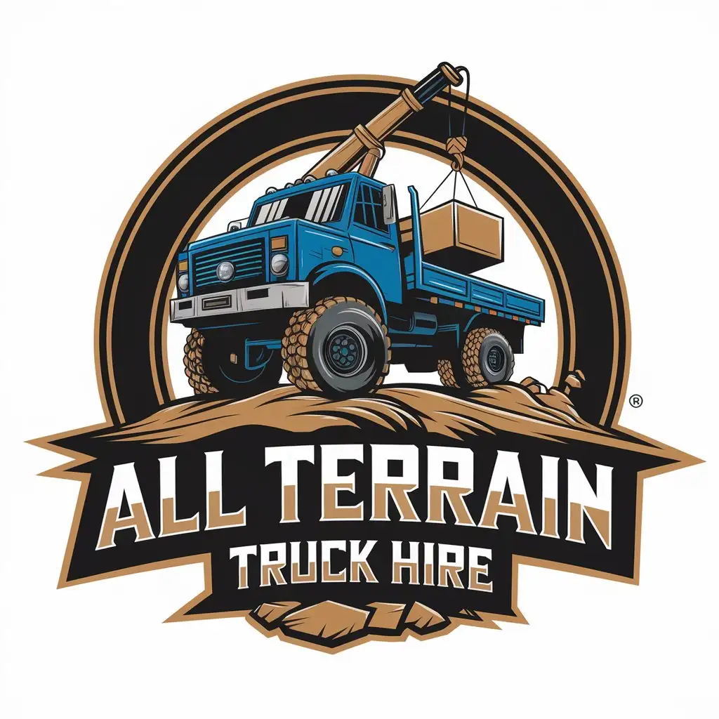 LOGO Design For All Terrain Truck Hire Blue Truck with Crane Lifting Box on Clear Background