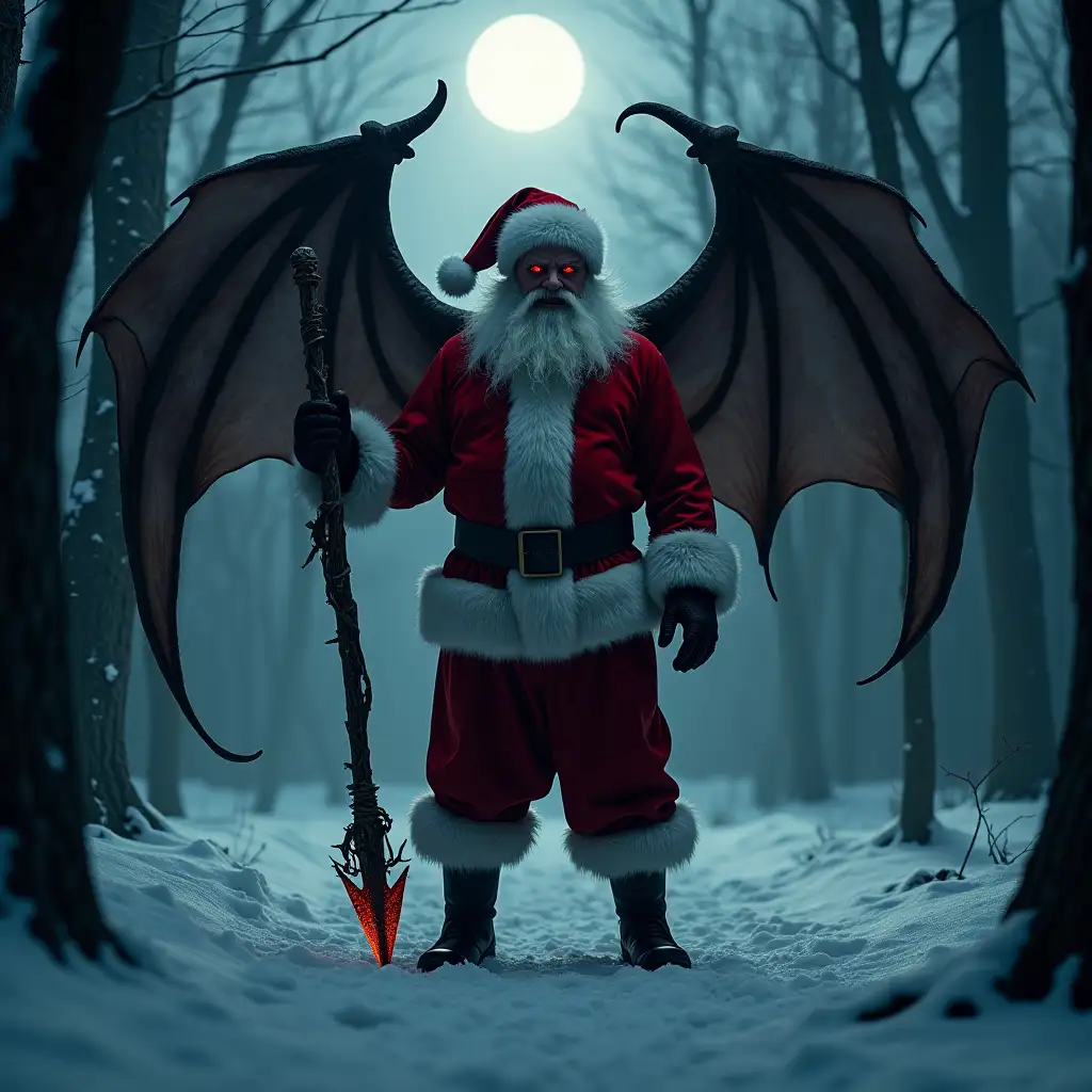 Create a dark, cinematic scene featuring a terrifying Santa Claus-bat hybrid in a snowy forest clearing under a full moon. The hybrid combines Santa Claus's signature red suit with the twisted, menacing features of a bat. Its body is muscular, with large, tattered bat wings extending ominously from its back, and glowing, fierce red eyes piercing through the darkness. The hybrid stands with an imposing presence, holding a sharp, gnarled staff, its claws glowing faintly with dark energy. The surrounding forest is eerie, with shadows stretching long, and a chilling wind rustles through the trees. The hybrid lets out a terrifying roar, sending shivers through the forest, as the atmosphere becomes thick with an air of danger and dread.