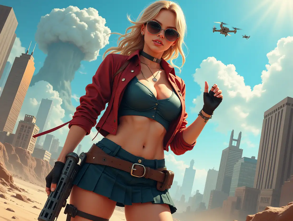 Wide-angle digital painting, (Beautiful large breast woman in stylish school uniform, very extreme midriff showing, short skirt, combat boots, and sunglasses : 1.3), Triangular composition, Dynamic full-length pose, Confident expression, (Armed mercenary: 1.3), Gun grip, Supporting pose, City background, Skyscrapers in the distance, nuclear explosion in extreme distance, two small targeting drones above, (Bright sunlight: 1.2), Sharp contrasts, Bold colors, Clear details. female mercenary in cool cyberpunk style in colorful fantasy style, realism, post-apocalyptic landscape, cartel, bald rod, oil painting, rod Nostalgia, strong emotions, low angle, high detail, sharp focus