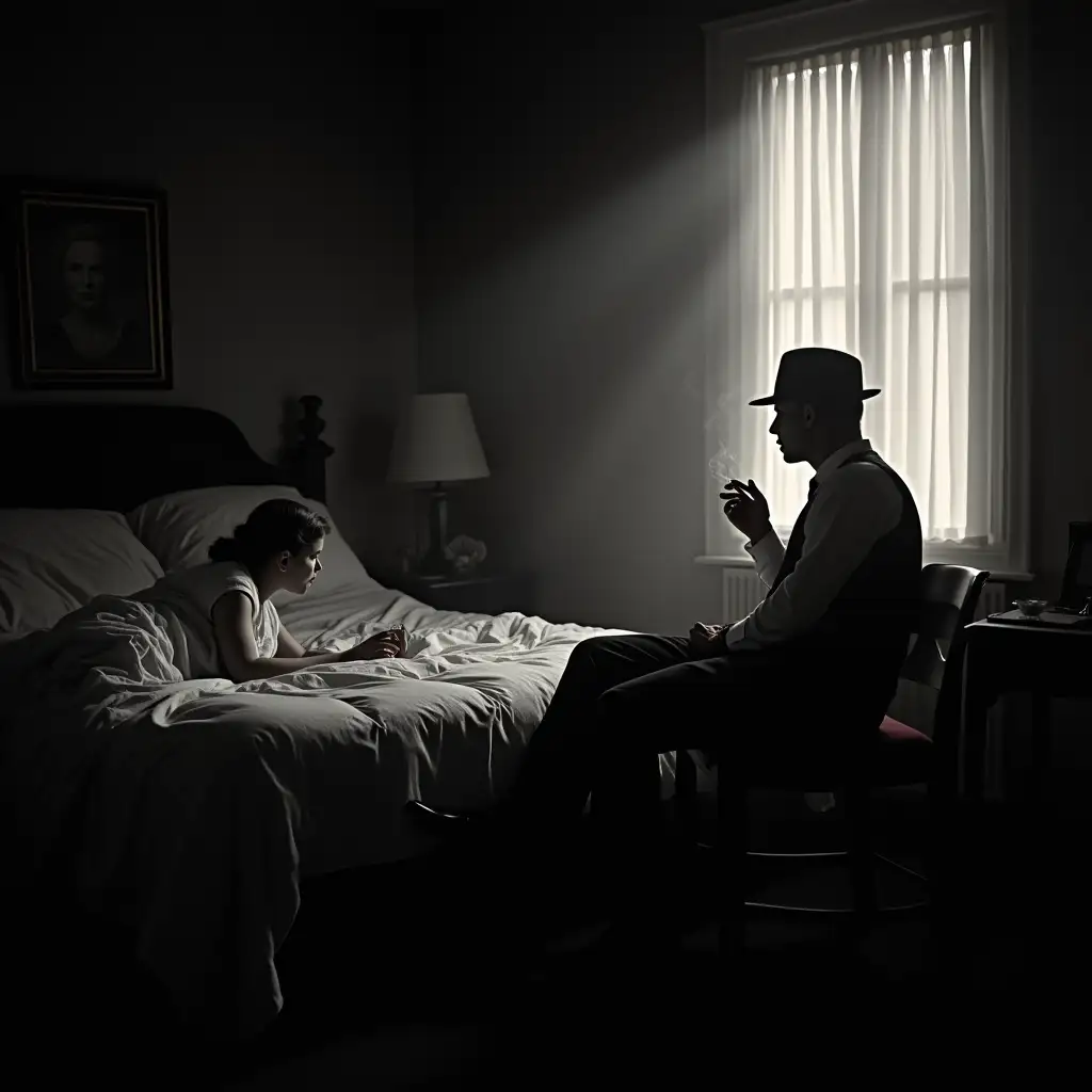 film noir style, 1960, English bedroom, unmade bed, a woman lies on the bed in a nightgown. At the end of the bed, facing towards us seated man, in vest, trousers, hat and an old picture in a wooden frame looking at, , to his right window, striped light through the window, in the ashtray a cigarette burns, smoking, silhouette