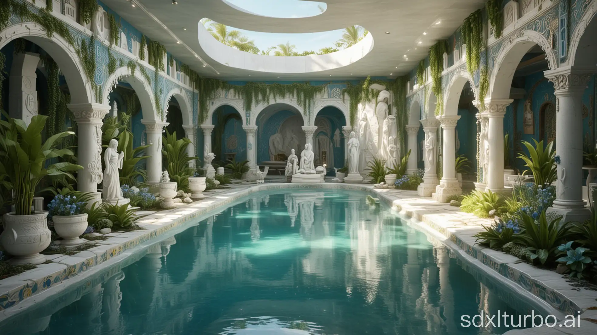 a vast luxury atlantide spa in fantasy style, with carved adorned white stone sculptures, many colorful magical signs on walls, green plants, amver cups, white and blue mosaic pool, misty sunny atmosphere, highly detailed