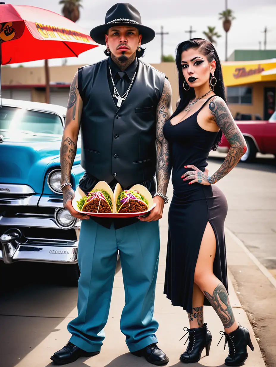 Chicano-Gangster-and-Chicana-Girlfriend-with-Lowriders-and-Taco-Stand-in-Urban-Setting