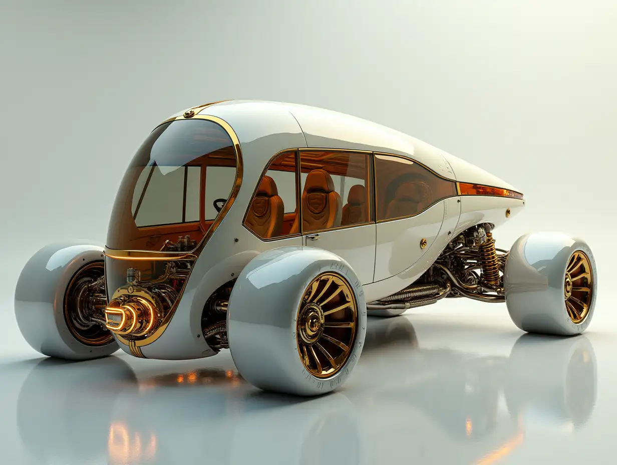 Supermodern utopian sports omnibus with gears, lowered chassis, 18-inch rims, aluminum wheels, cream silver gold, cyberpunk.