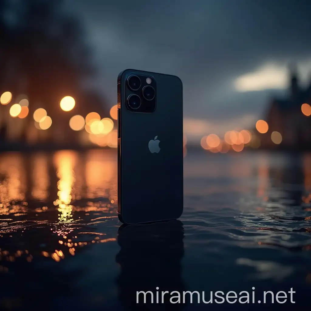 iPhone Front View with Blurred Lights and Water Reflection