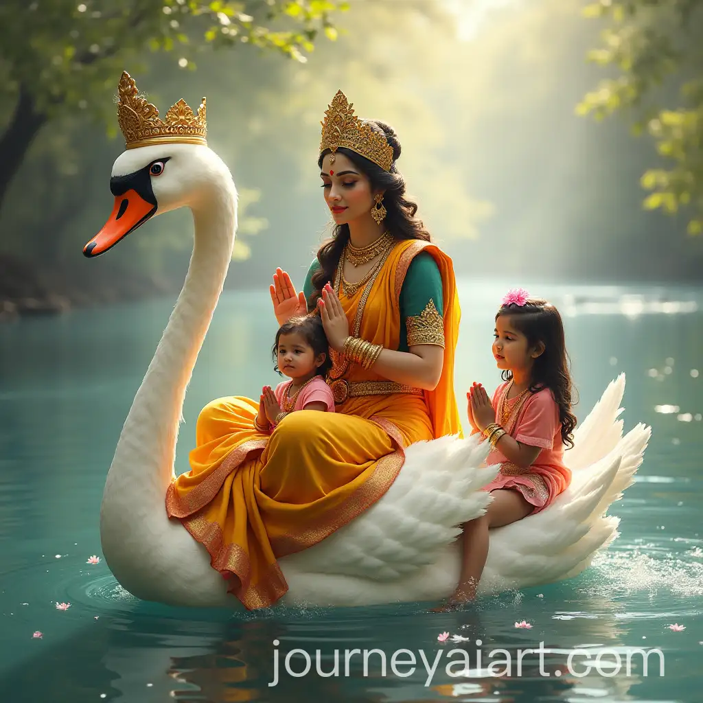 Hindu-Goddess-Saraswati-Seated-on-Swan-with-Children-in-Prayer