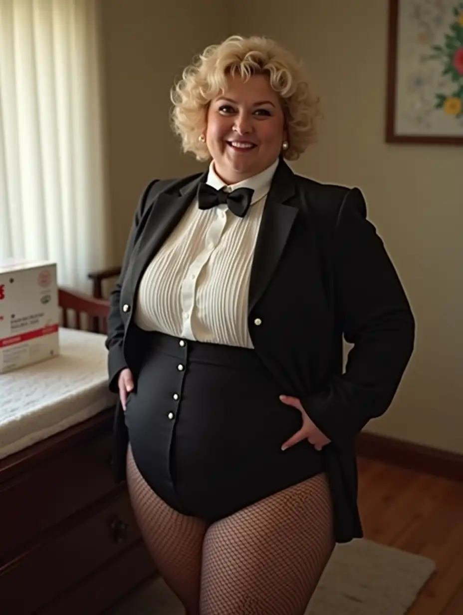 MiddleAged-Woman-in-Formal-Orchestra-Tuxedo-in-Nursery-with-Huggies-Diapers