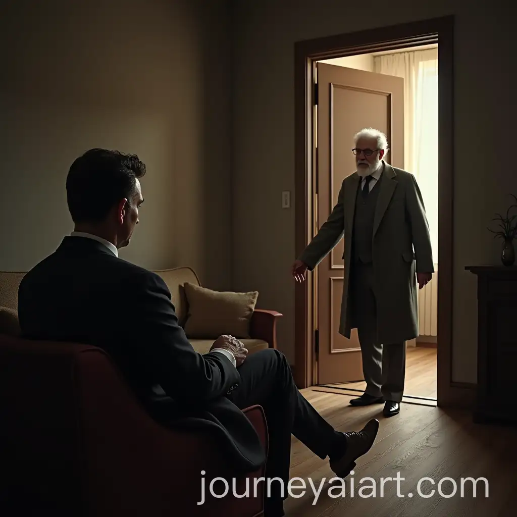 Elegant-Man-Sitting-on-Sofa-Welcomes-Guest-in-Vintage-Setting